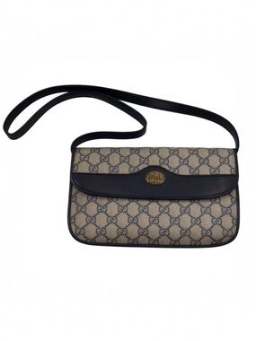 Vintage Gucci GG Monogram Shoulder Bag Navy Leather Trim | Unused 1970s